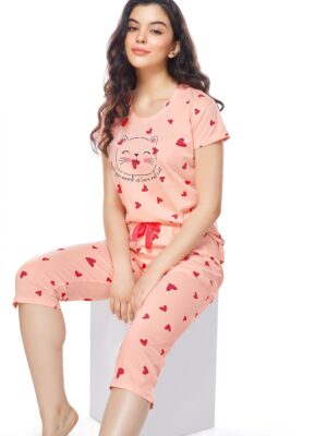 Womens Cotton Pink Heart Printed Capri Set