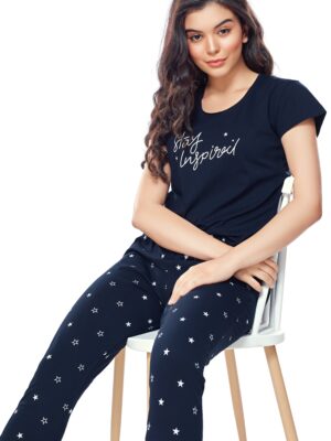 Womens Cotton Navy Blue Star Printed Capri Set