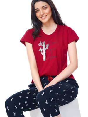 Womens Cotton Red Cactus Printed Capri Set