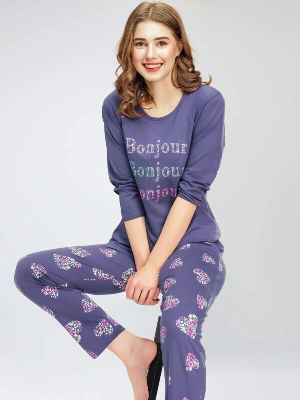 Women's Blue Heart & Floral Printed Cotton Night Dress of Top and Pajama set