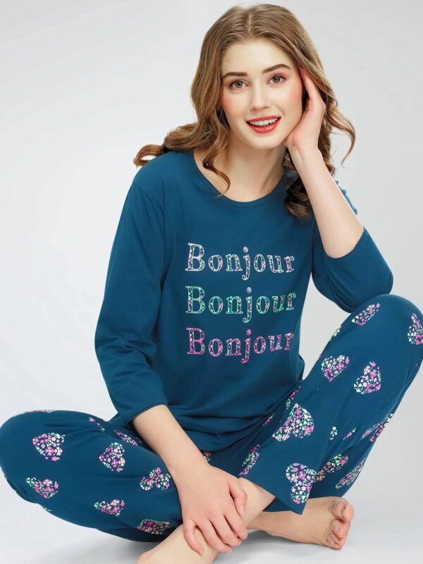 Women's Teal Blue Heart & Floral Printed Cotton Night Dress of Top and Pajama set
